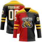 Custom Black White Red-Yellow Split Fashion Hockey Lace Neck Jersey