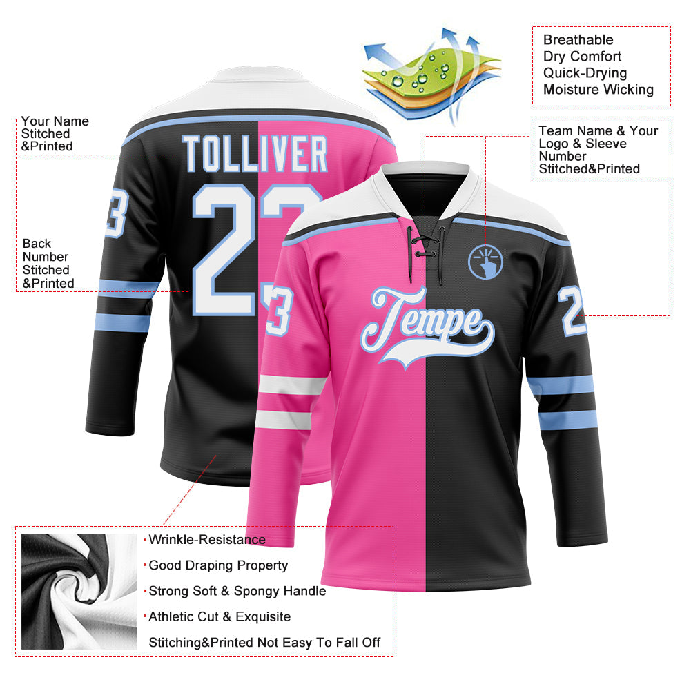 Custom Black White Pink-Light Blue Split Fashion Hockey Lace Neck Jersey