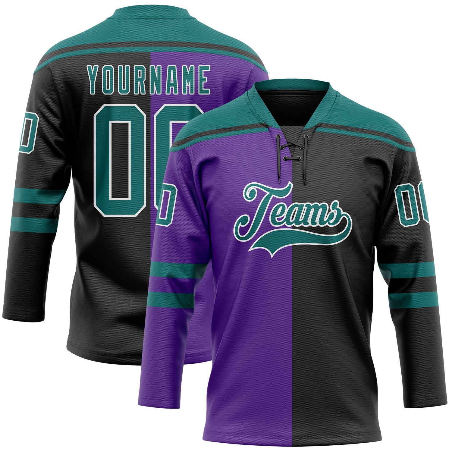 Custom Black Teal Purple-White Split Fashion Hockey Lace Neck Jersey