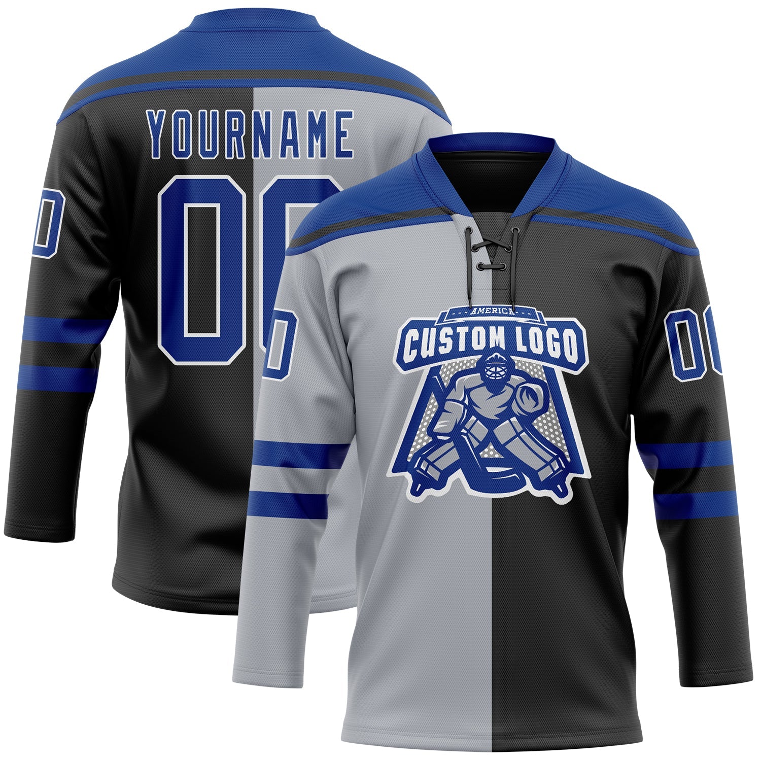 Custom Black Royal Gray-White Split Fashion Hockey Lace Neck Jersey