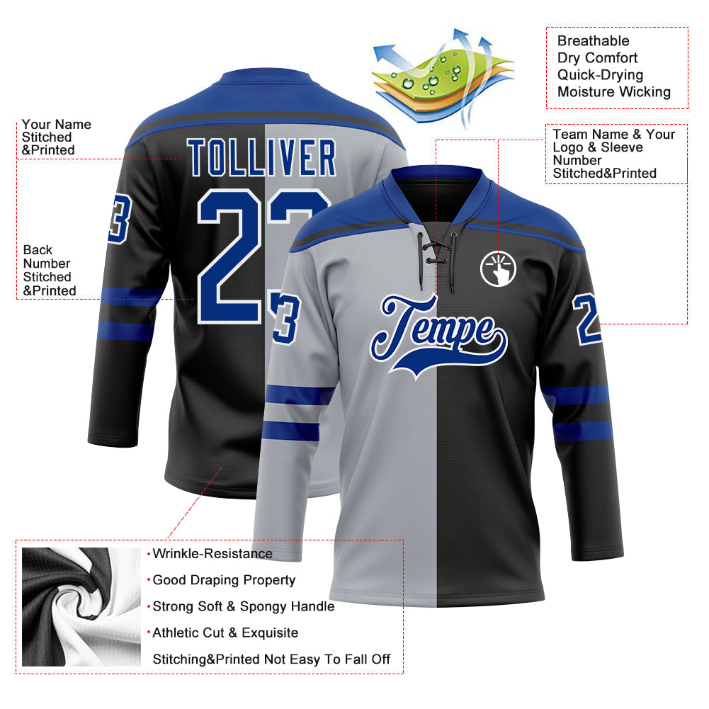 Custom Black Royal Gray-White Split Fashion Hockey Lace Neck Jersey