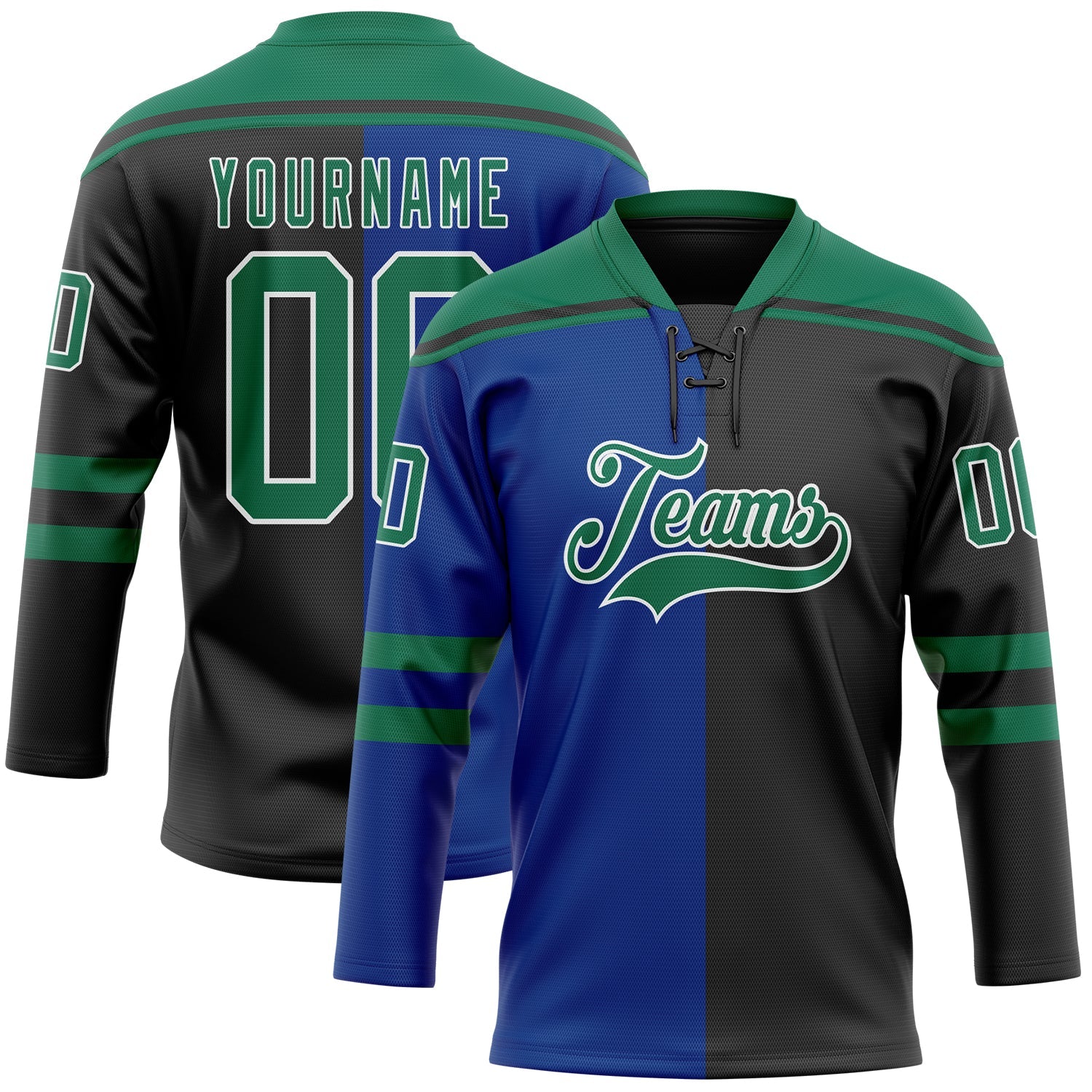 Custom Black Kelly Green Royal-White Split Fashion Hockey Lace Neck Jersey