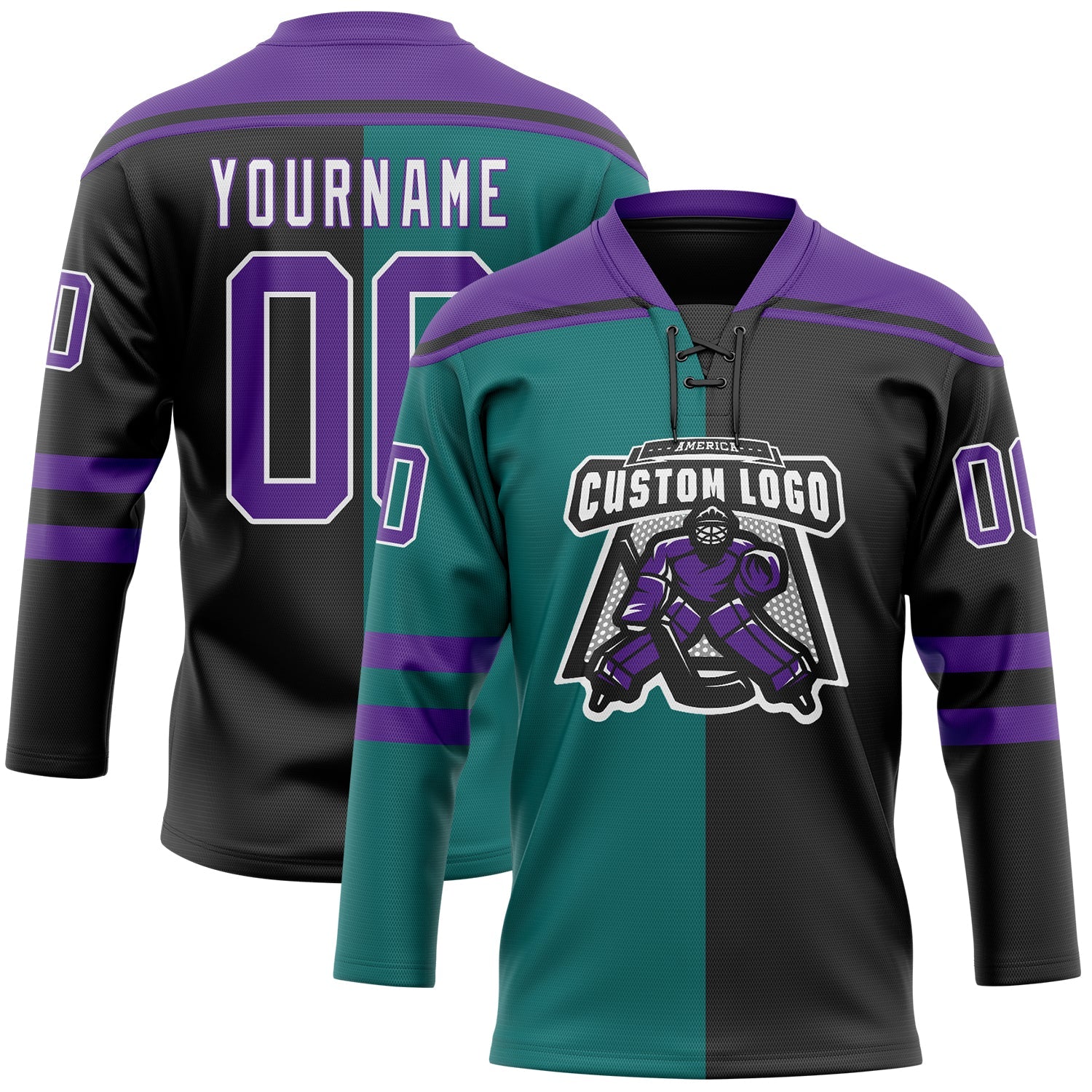 Custom Black Purple Teal-White Split Fashion Hockey Lace Neck Jersey