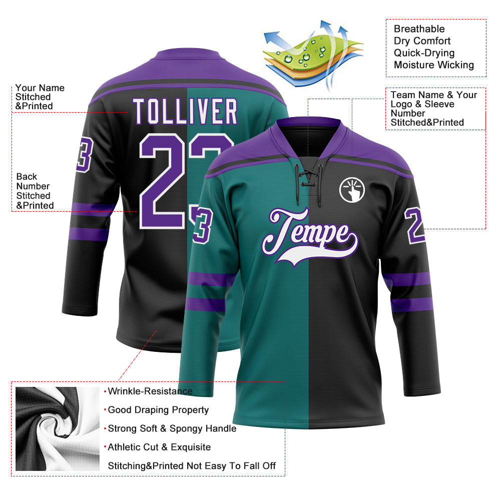 Custom Black Purple Teal-White Split Fashion Hockey Lace Neck Jersey