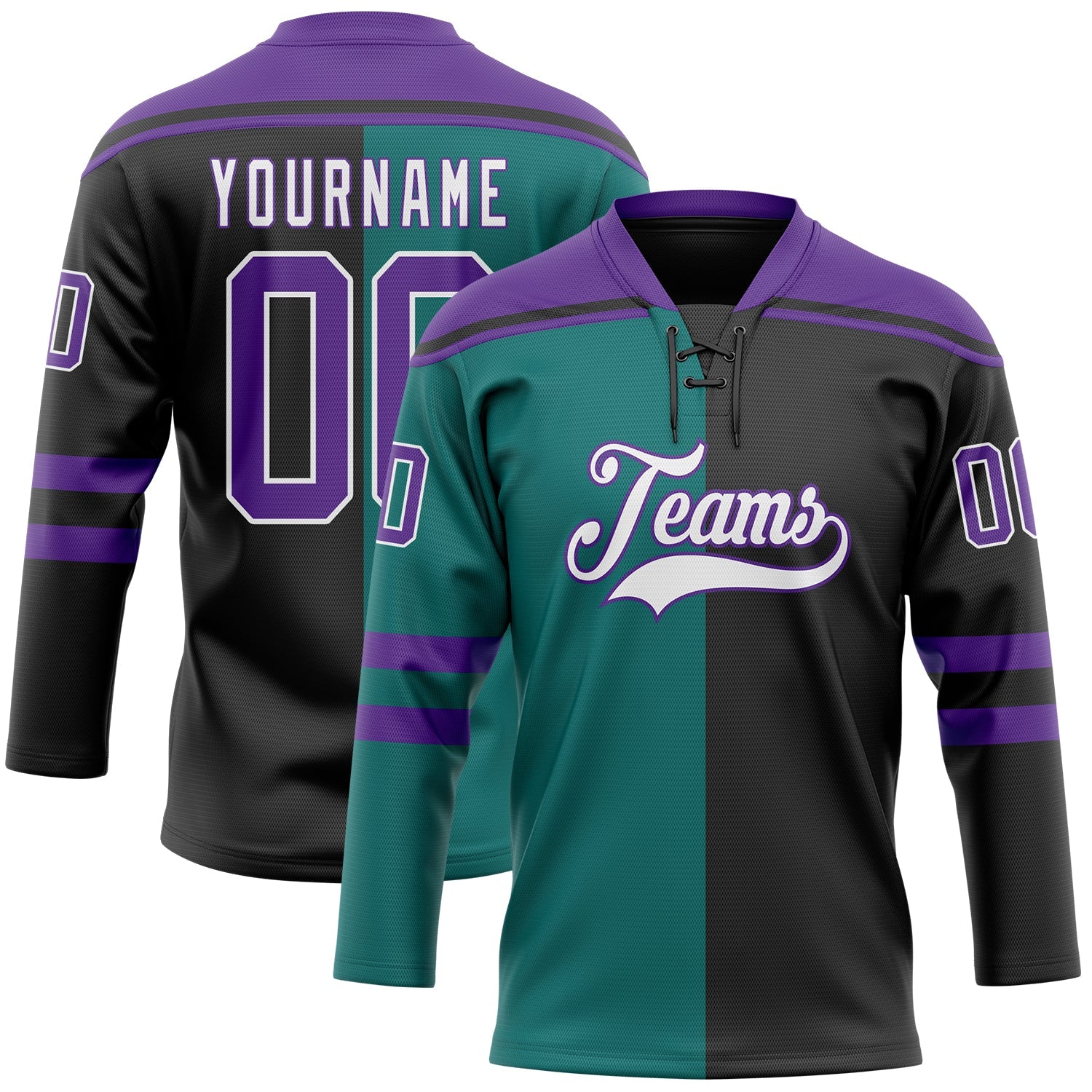Custom Black Purple Teal-White Split Fashion Hockey Lace Neck Jersey