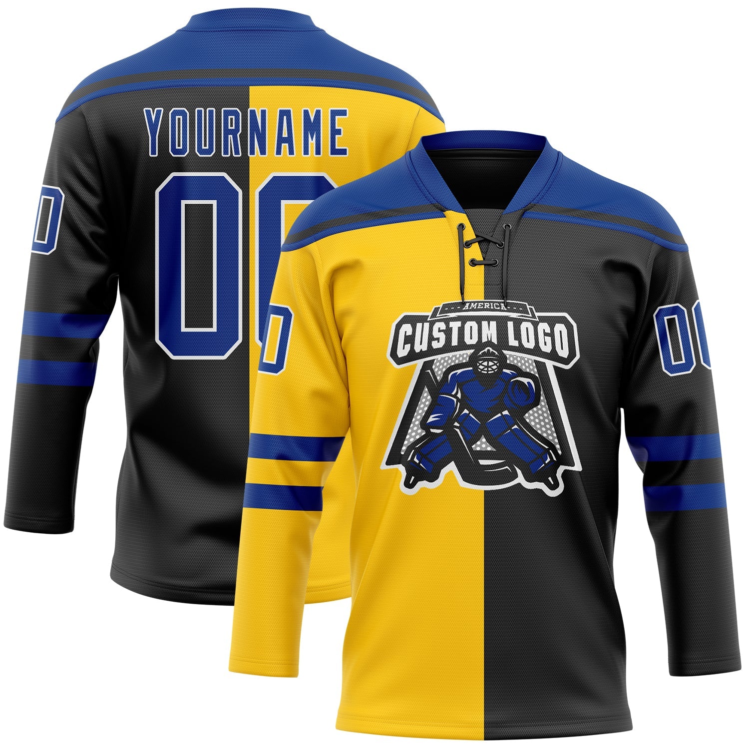 Custom Black Royal Yellow-White Split Fashion Hockey Lace Neck Jersey