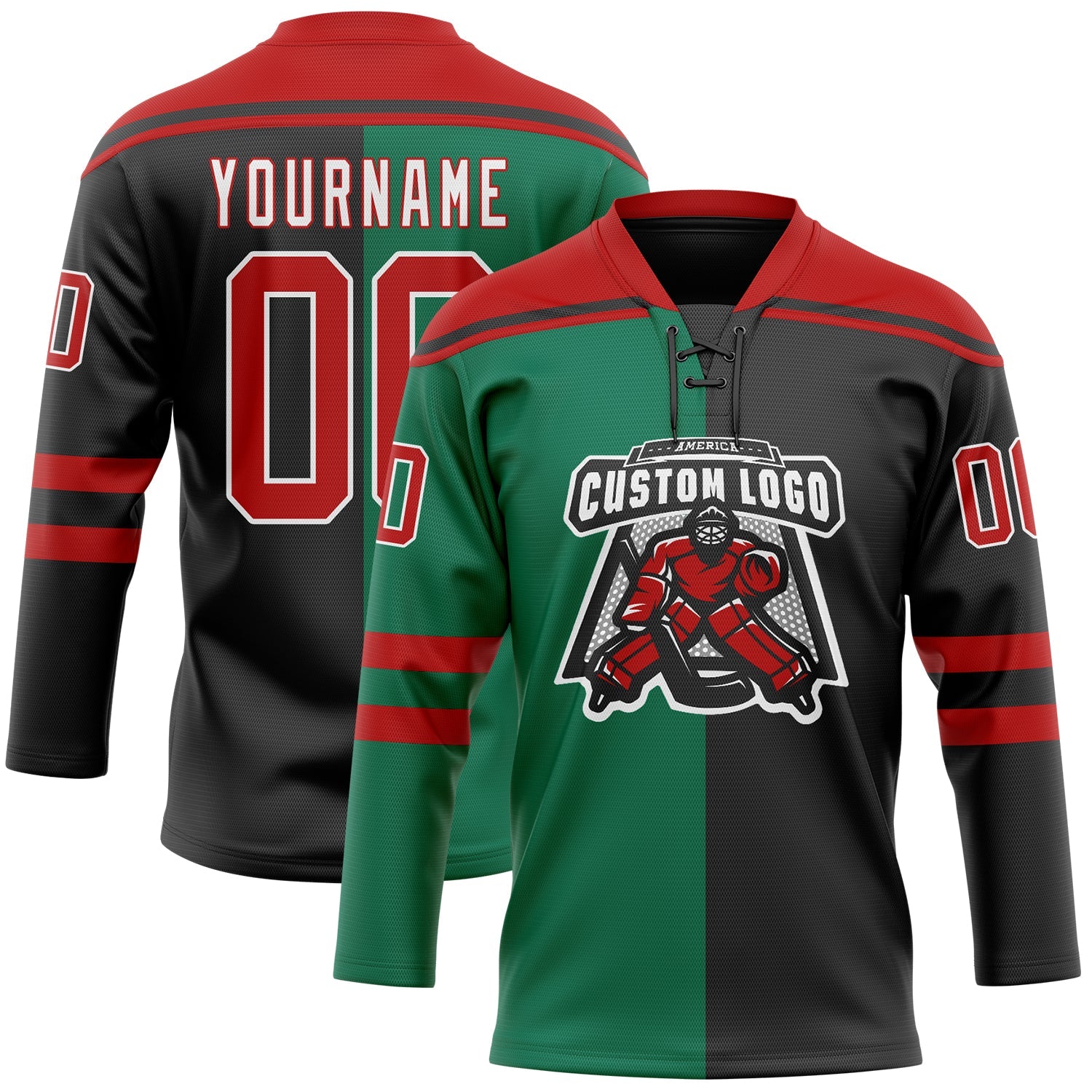 Custom Black Red Kelly Green-White Split Fashion Hockey Lace Neck Jersey