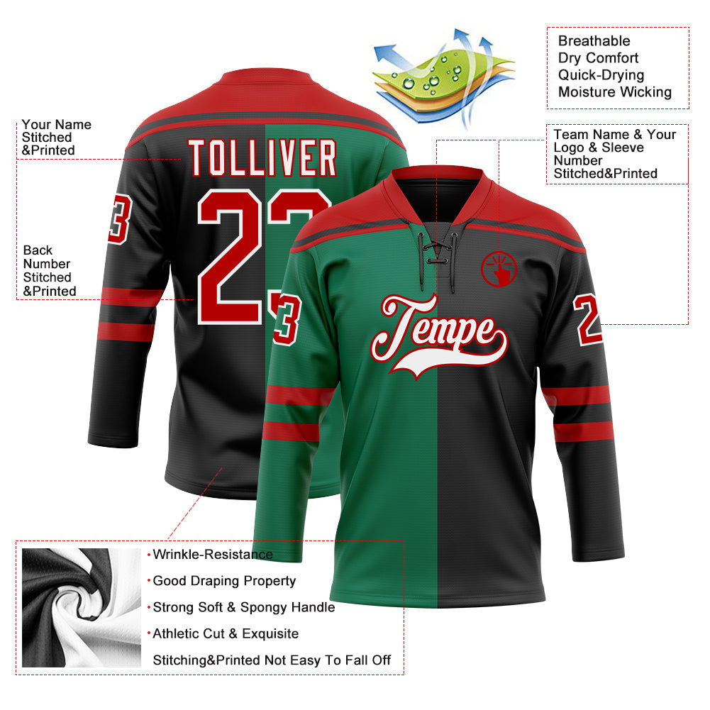 Custom Black Red Kelly Green-White Split Fashion Hockey Lace Neck Jersey