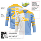 Custom Light Blue Gold-White Split Fashion Hockey Lace Neck Jersey