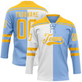Custom Light Blue Gold-White Split Fashion Hockey Lace Neck Jersey