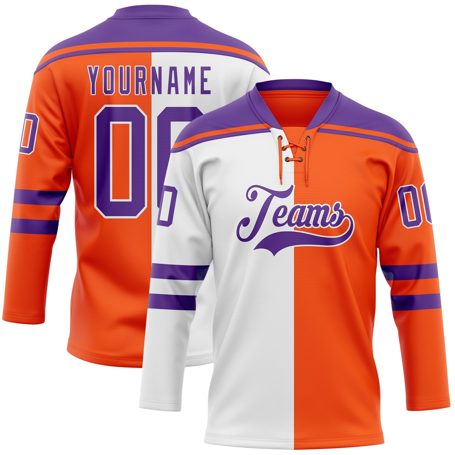 Custom Orange Purple-White Split Fashion Hockey Lace Neck Jersey