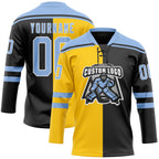 Custom Black Light Blue Yellow-White Split Fashion Hockey Lace Neck Jersey