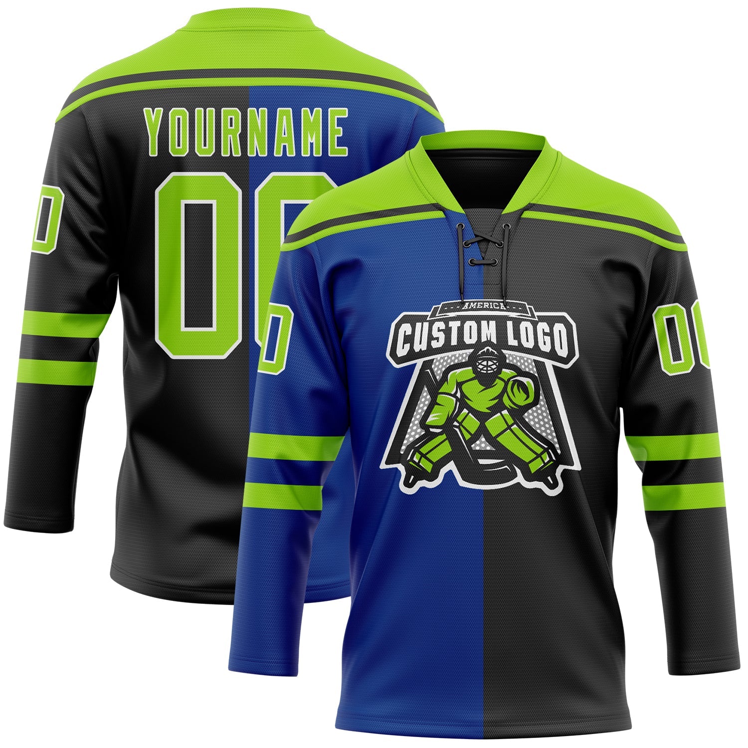 Custom Black Neon Green Royal-White Split Fashion Hockey Lace Neck Jersey