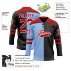 Custom Black Red Light Blue-White Split Fashion Hockey Lace Neck Jersey