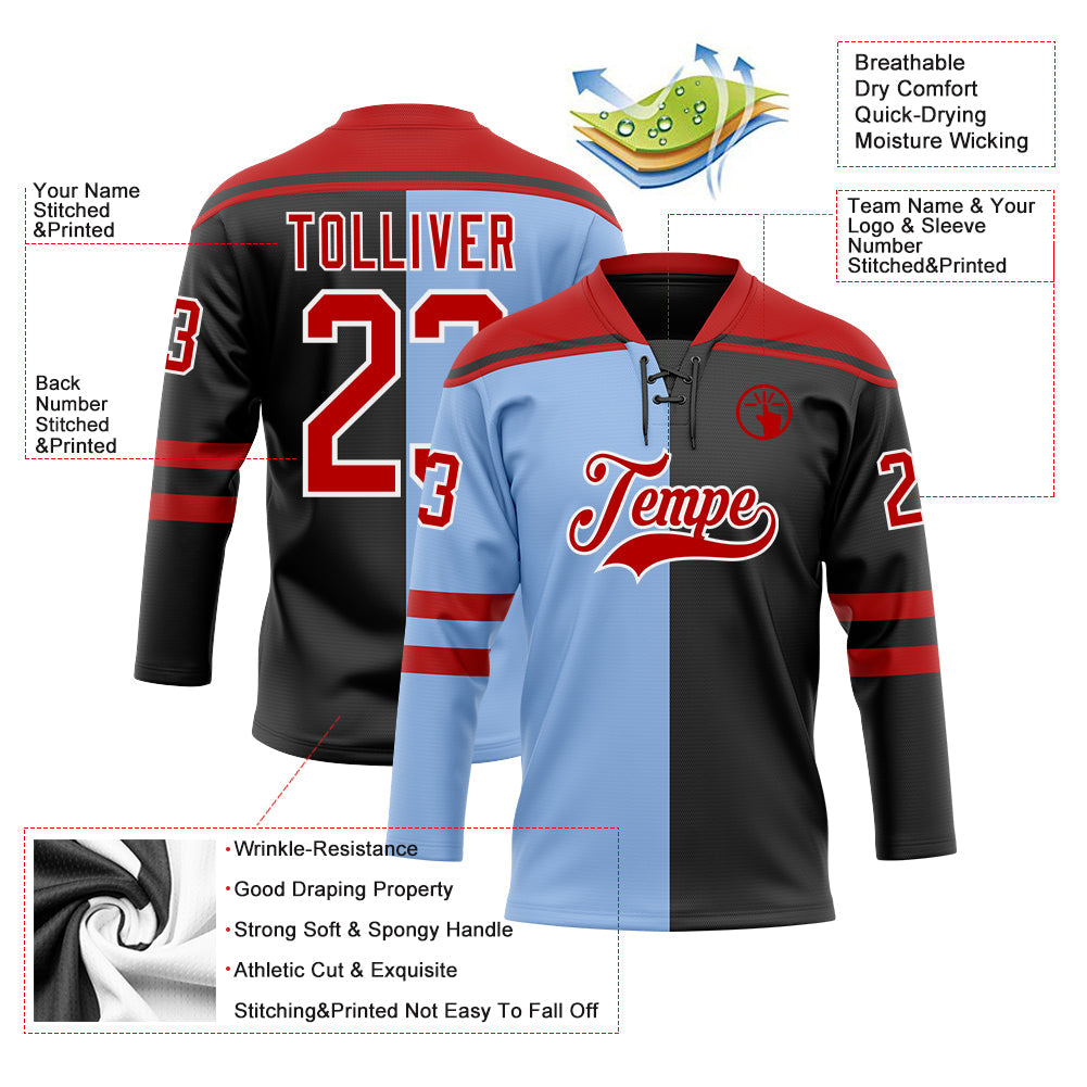 Custom Black Red Light Blue-White Split Fashion Hockey Lace Neck Jersey