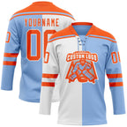 Custom Light Blue Orange-White Split Fashion Hockey Lace Neck Jersey