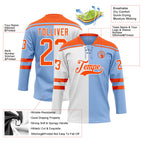 Custom Light Blue Orange-White Split Fashion Hockey Lace Neck Jersey