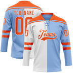 Custom Light Blue Orange-White Split Fashion Hockey Lace Neck Jersey