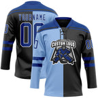 Custom Black Royal Light Blue-White Split Fashion Hockey Lace Neck Jersey