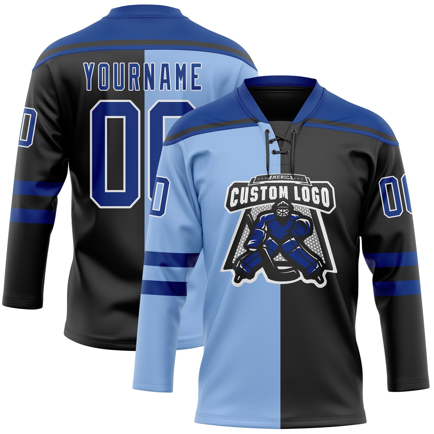 Custom Black Royal Light Blue-White Split Fashion Hockey Lace Neck Jersey