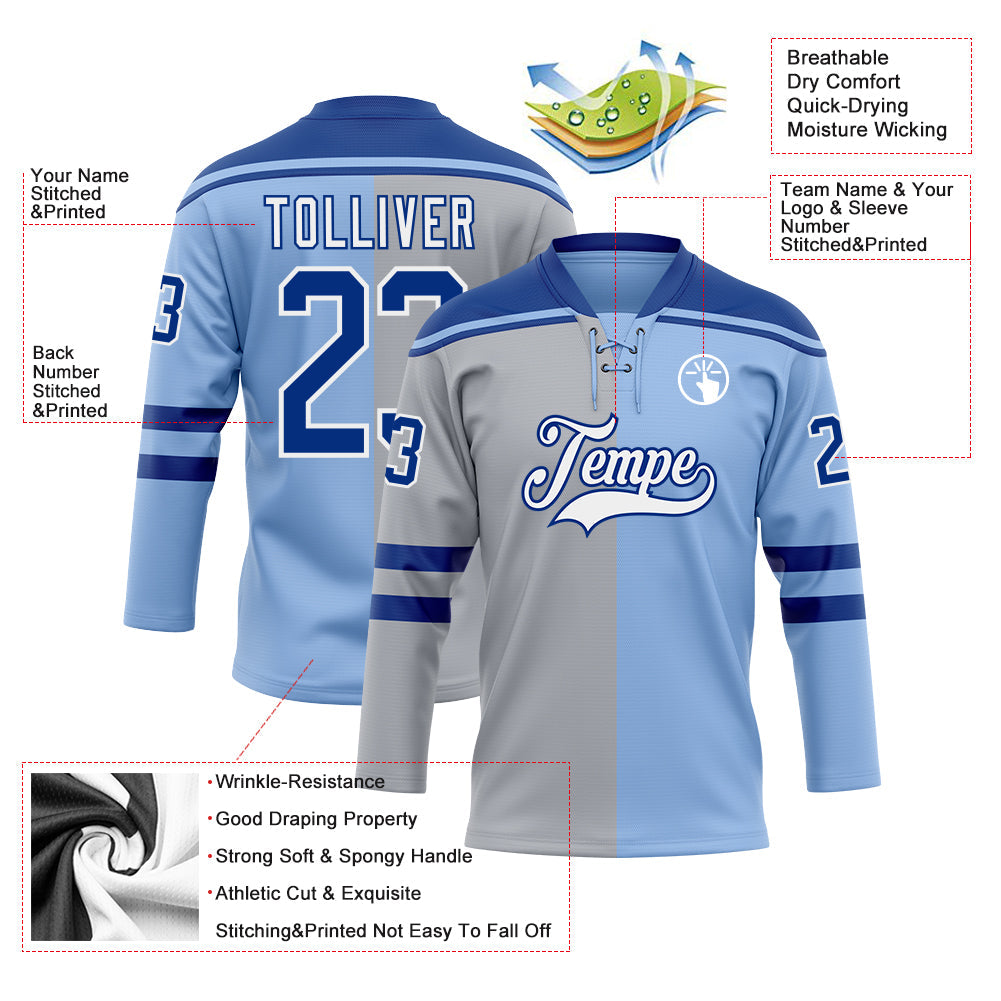 Custom Light Blue Royal Gray-White Split Fashion Hockey Lace Neck Jersey