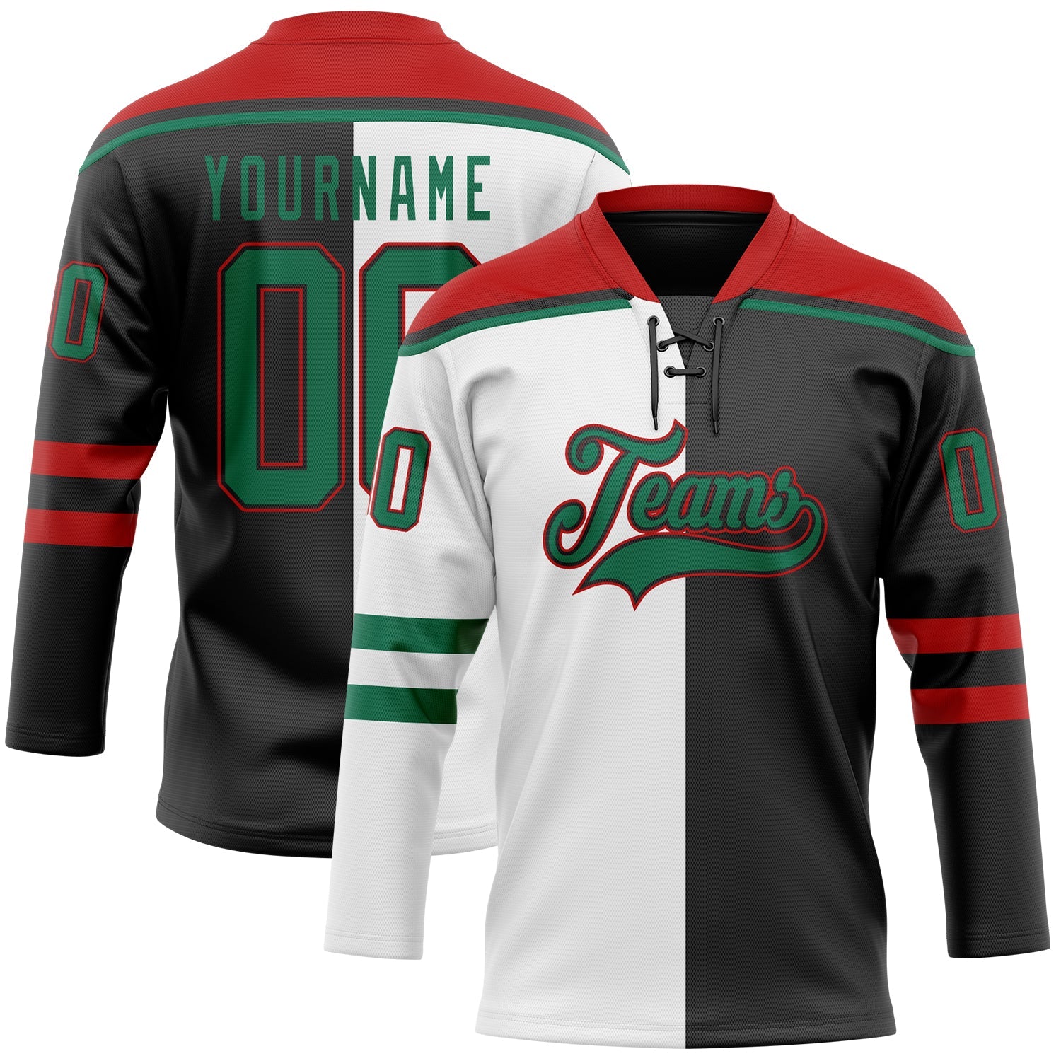 Custom Black Kelly Green White-Red Split Fashion Hockey Lace Neck Jersey