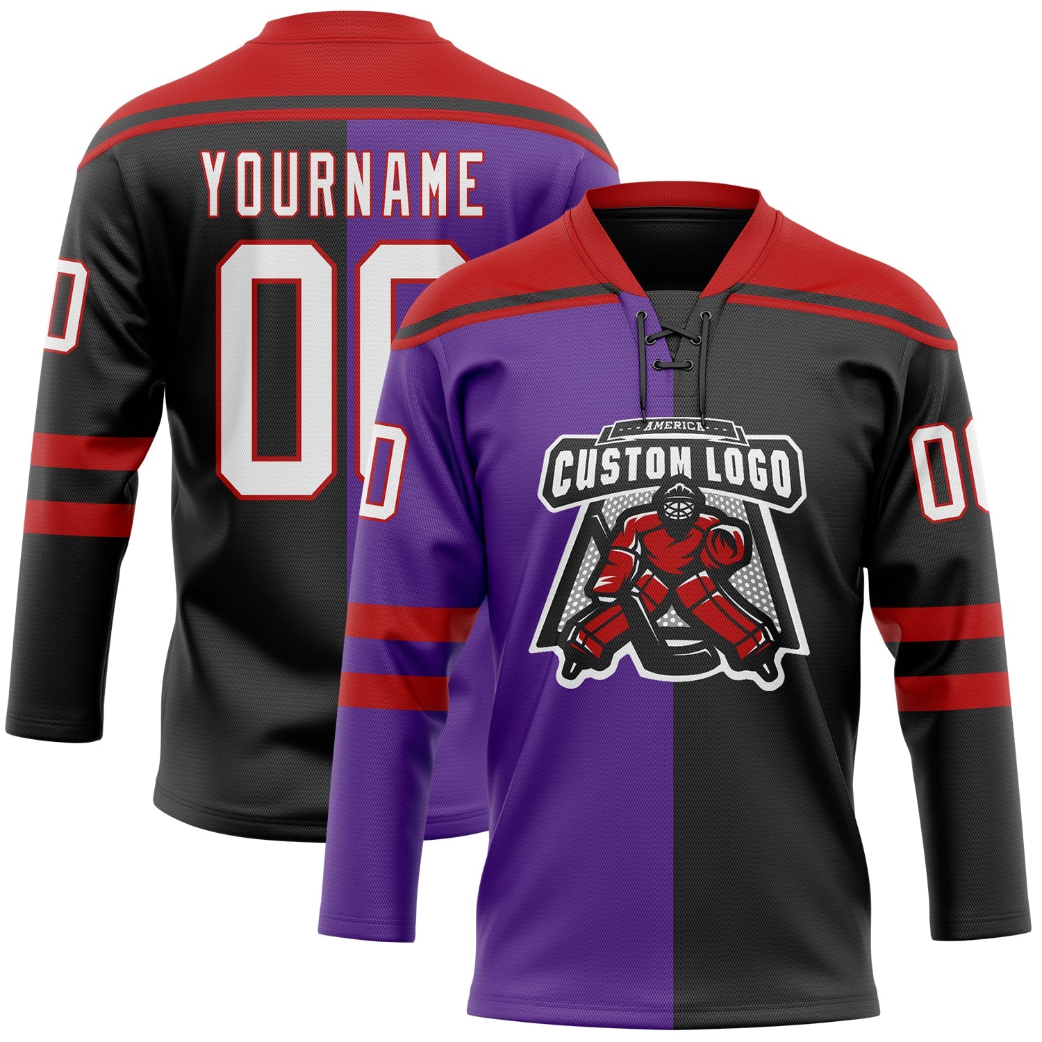 Custom Black White Purple-Red Split Fashion Hockey Lace Neck Jersey