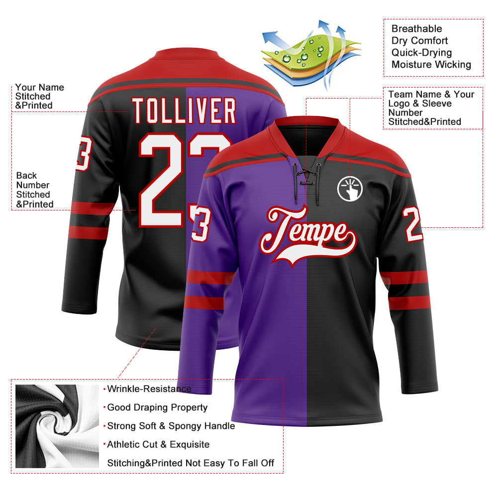 Custom Black White Purple-Red Split Fashion Hockey Lace Neck Jersey