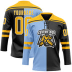 Custom Black Gold Light Blue-White Split Fashion Hockey Lace Neck Jersey