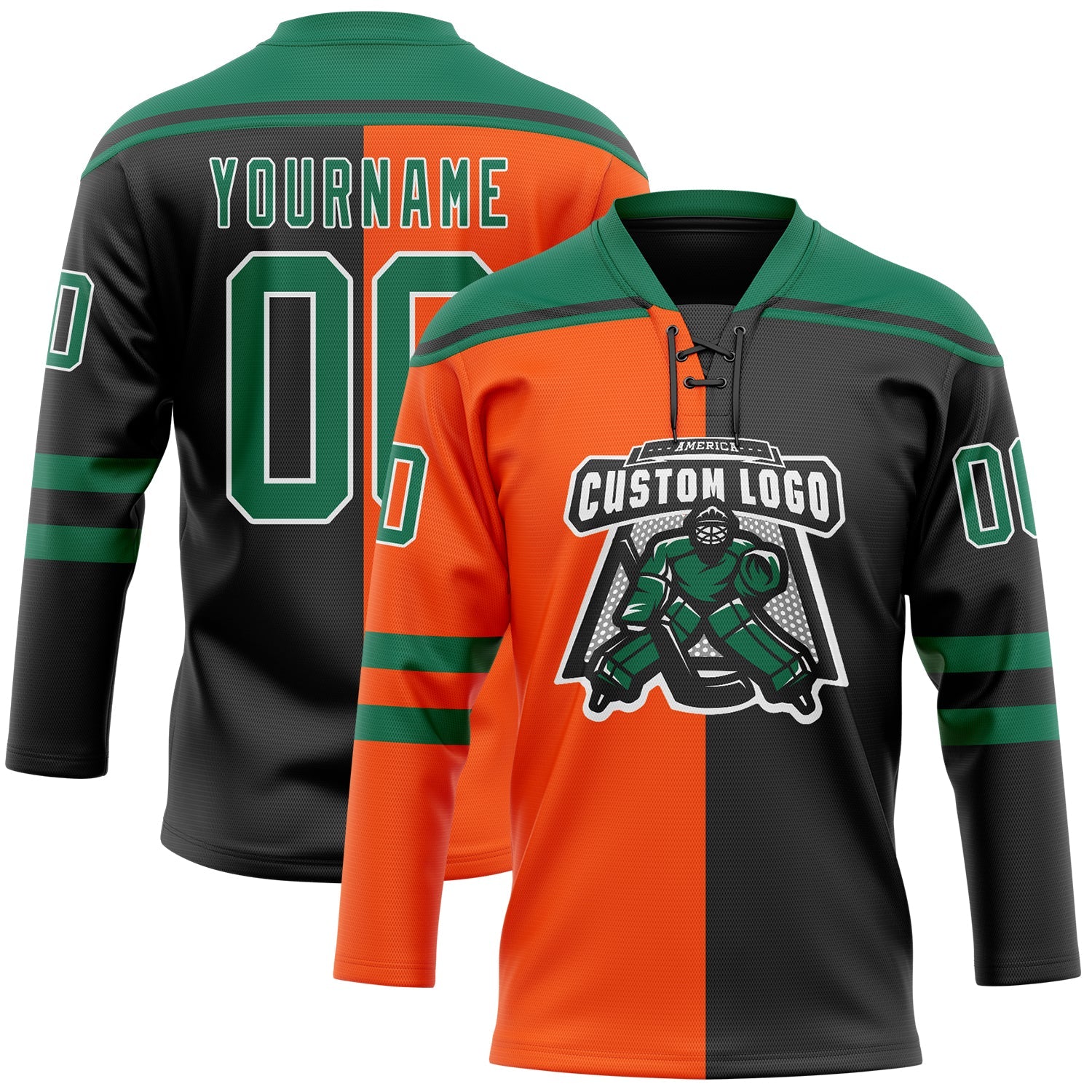 Custom Black Kelly Green Orange-White Split Fashion Hockey Lace Neck Jersey