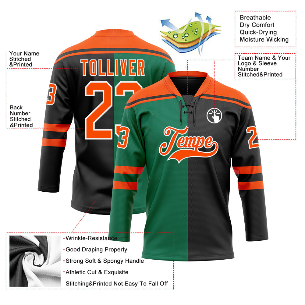 Custom Black Orange Kelly Green-White Split Fashion Hockey Lace Neck Jersey