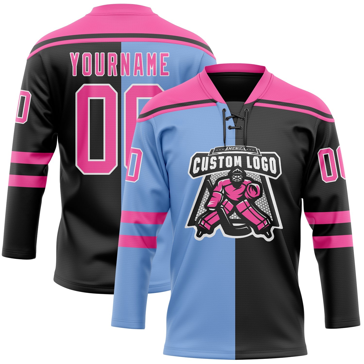 Custom Black Pink Powder Blue-White Split Fashion Hockey Lace Neck Jersey