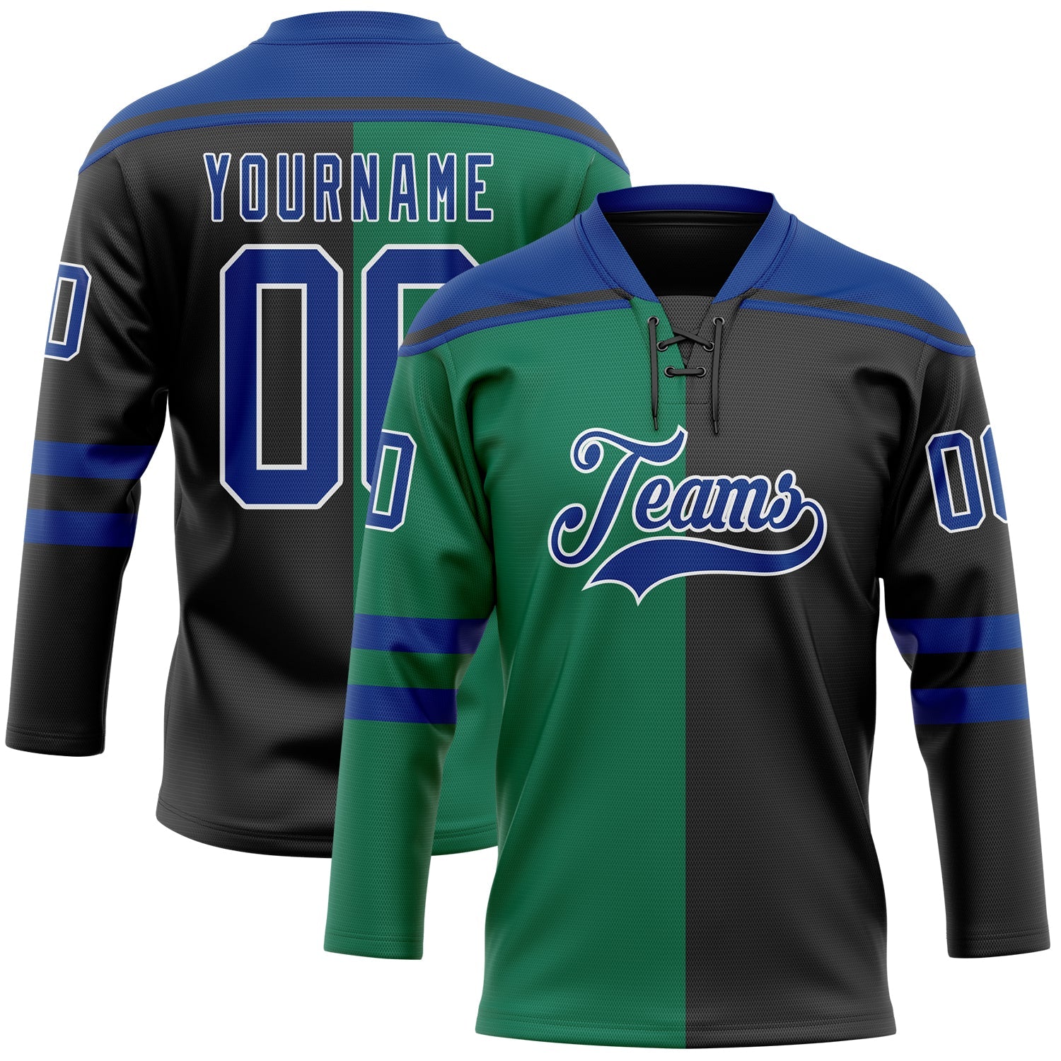 Custom Black Royal Kelly Green-White Split Fashion Hockey Lace Neck Jersey