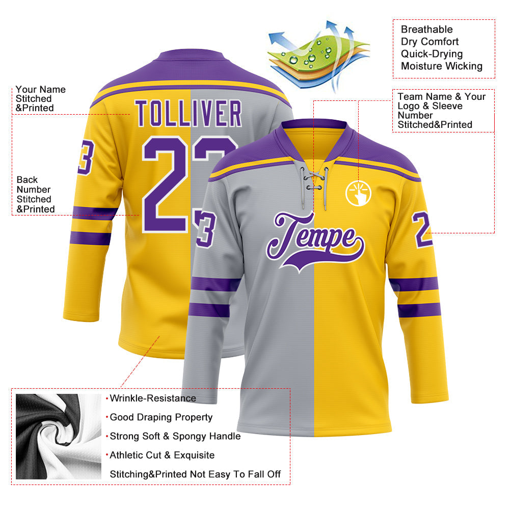Custom Yellow Purple Gray-White Split Fashion Hockey Lace Neck Jersey