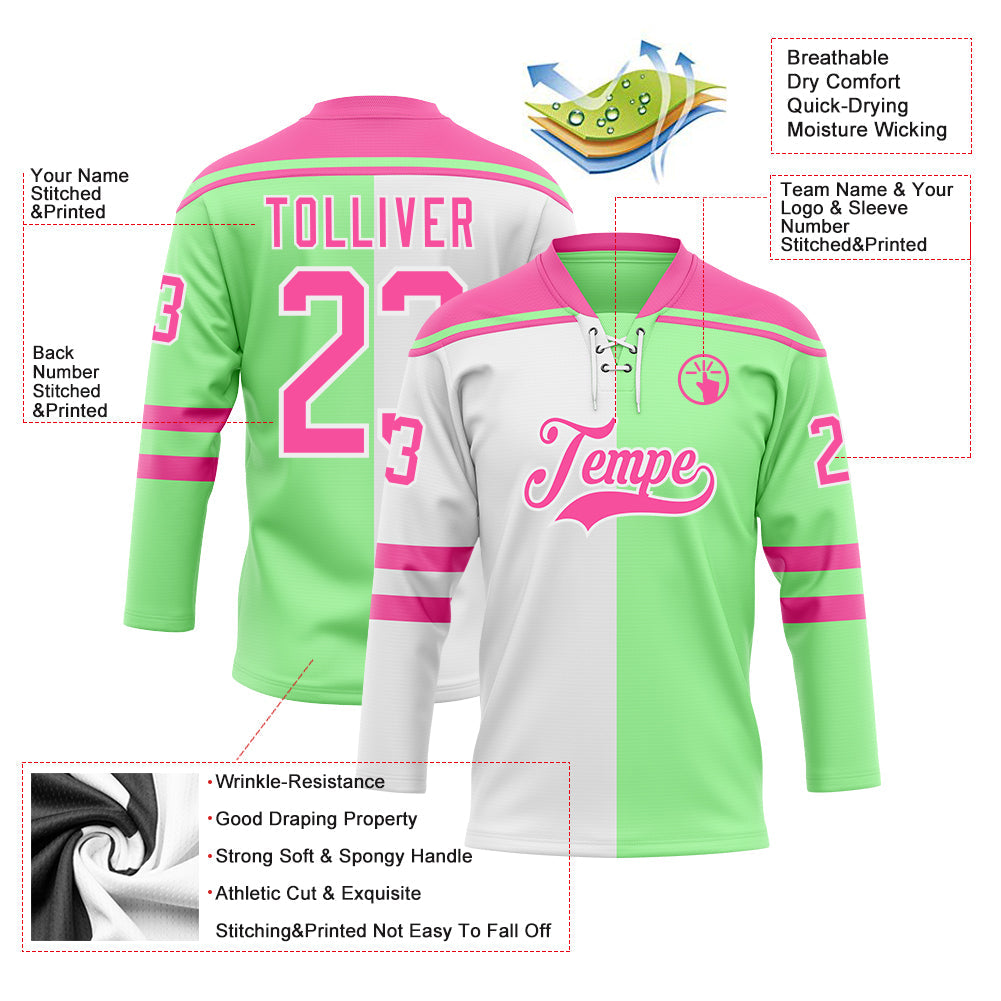 Custom Pea Green Pink-White Split Fashion Hockey Lace Neck Jersey