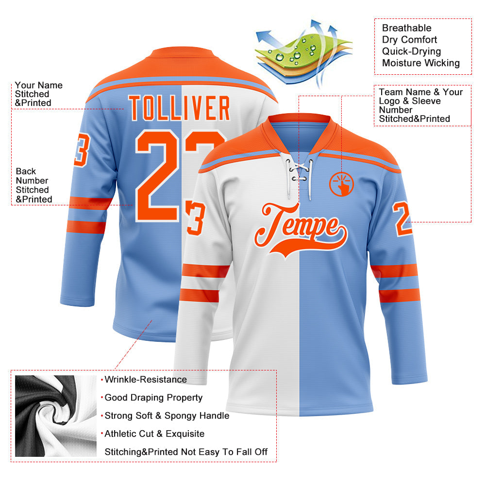 Custom Powder Blue Orange-White Split Fashion Hockey Lace Neck Jersey