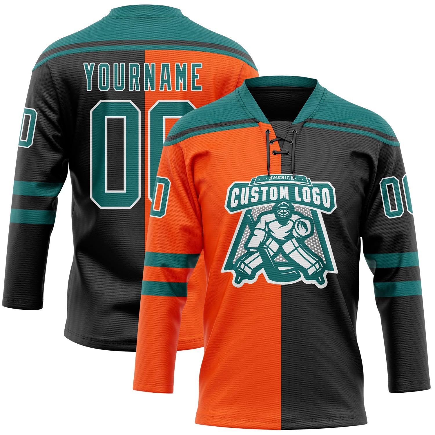 Custom Black Teal Orange-White Split Fashion Hockey Lace Neck Jersey