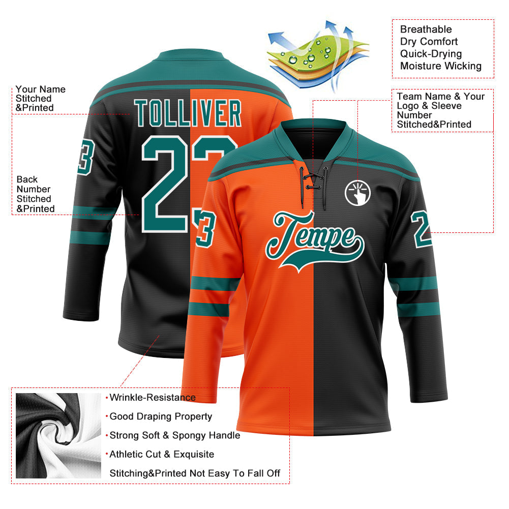 Custom Black Teal Orange-White Split Fashion Hockey Lace Neck Jersey