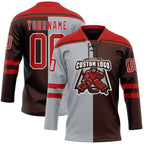 Custom Brown Red Gray-White Split Fashion Hockey Lace Neck Jersey