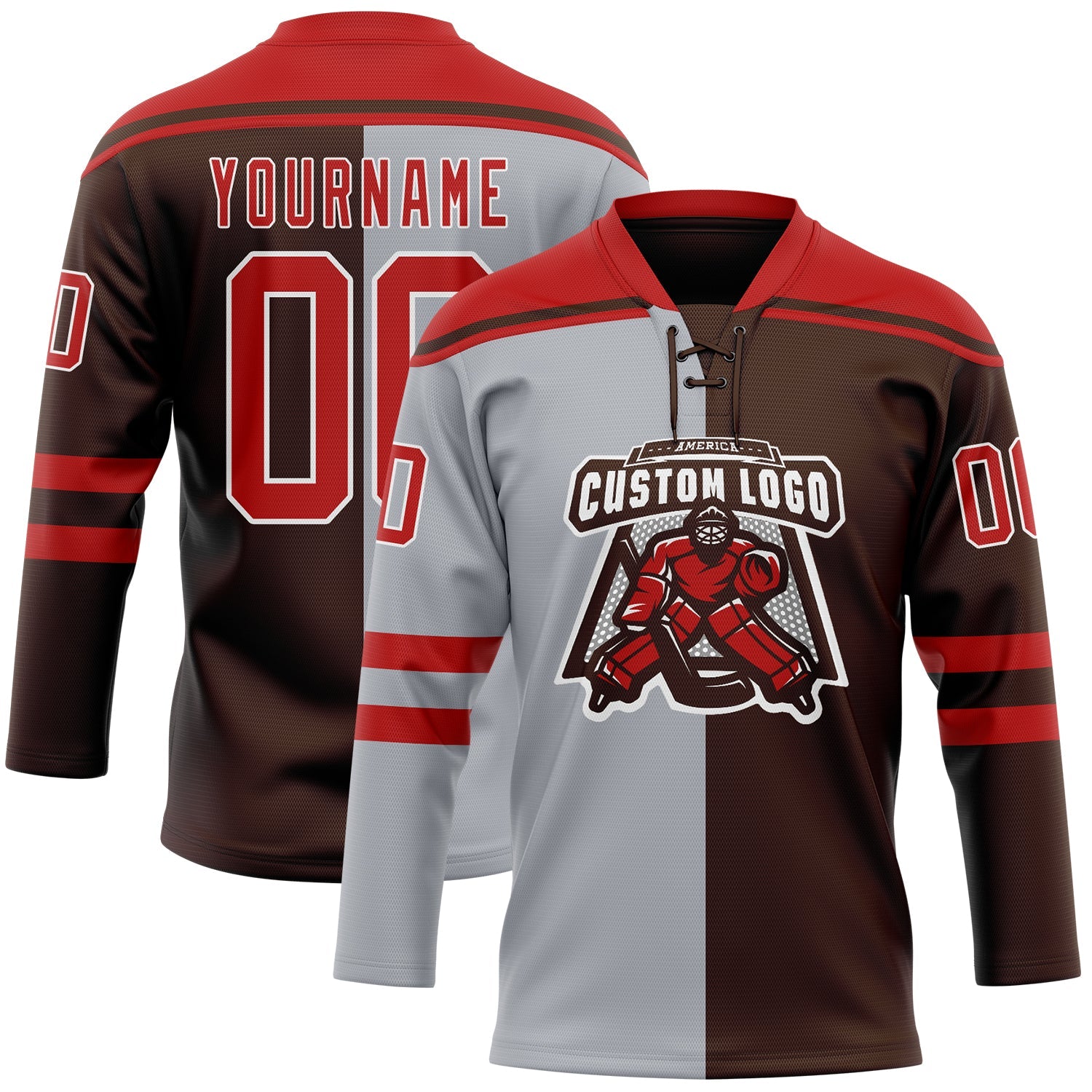Custom Brown Red Gray-White Split Fashion Hockey Lace Neck Jersey