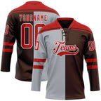Custom Brown Red Gray-White Split Fashion Hockey Lace Neck Jersey