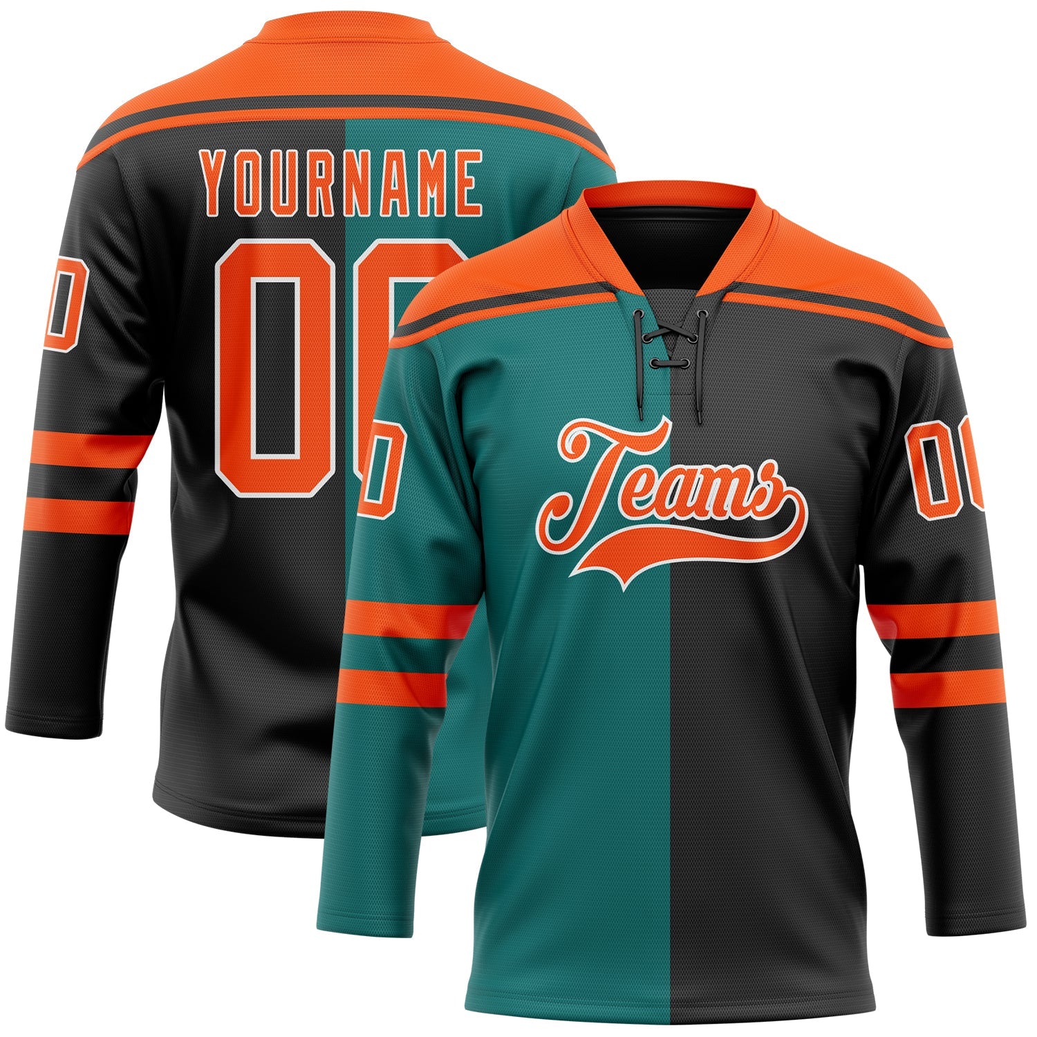 Custom Black Orange Teal-White Split Fashion Hockey Lace Neck Jersey