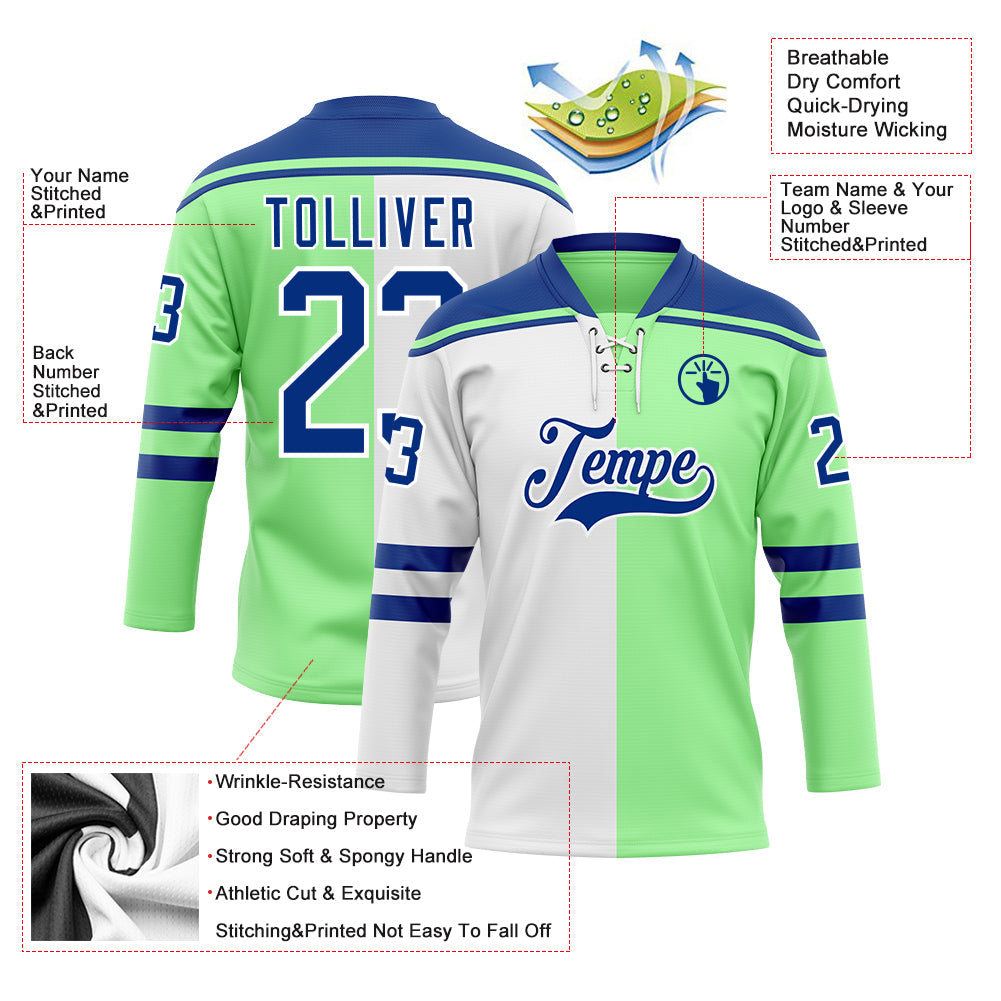 Custom Pea Green Royal-White Split Fashion Hockey Lace Neck Jersey