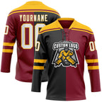 Custom Crimson White Black-Gold Split Fashion Hockey Lace Neck Jersey