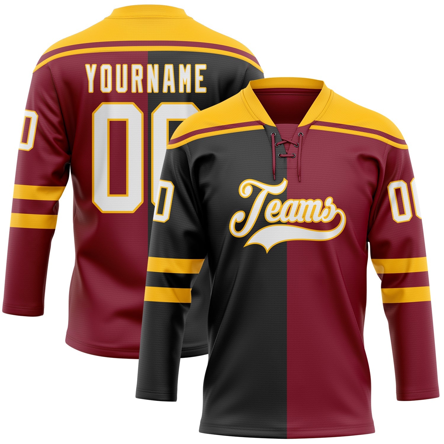 Custom Crimson White Black-Gold Split Fashion Hockey Lace Neck Jersey
