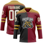 Custom Crimson White Black-Old Gold Split Fashion Hockey Lace Neck Jersey