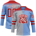 Custom Powder Blue Red Gray-White Split Fashion Hockey Lace Neck Jersey