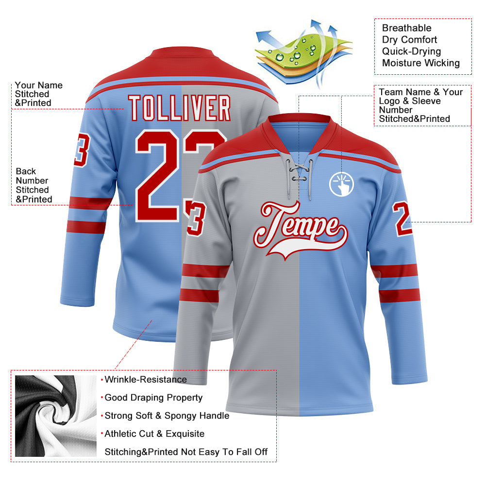 Custom Powder Blue Red Gray-White Split Fashion Hockey Lace Neck Jersey