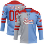 Custom Powder Blue Red Gray-White Split Fashion Hockey Lace Neck Jersey