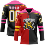 Custom Black White Red Pink-Yellow Split Fashion Hockey Lace Neck Jersey